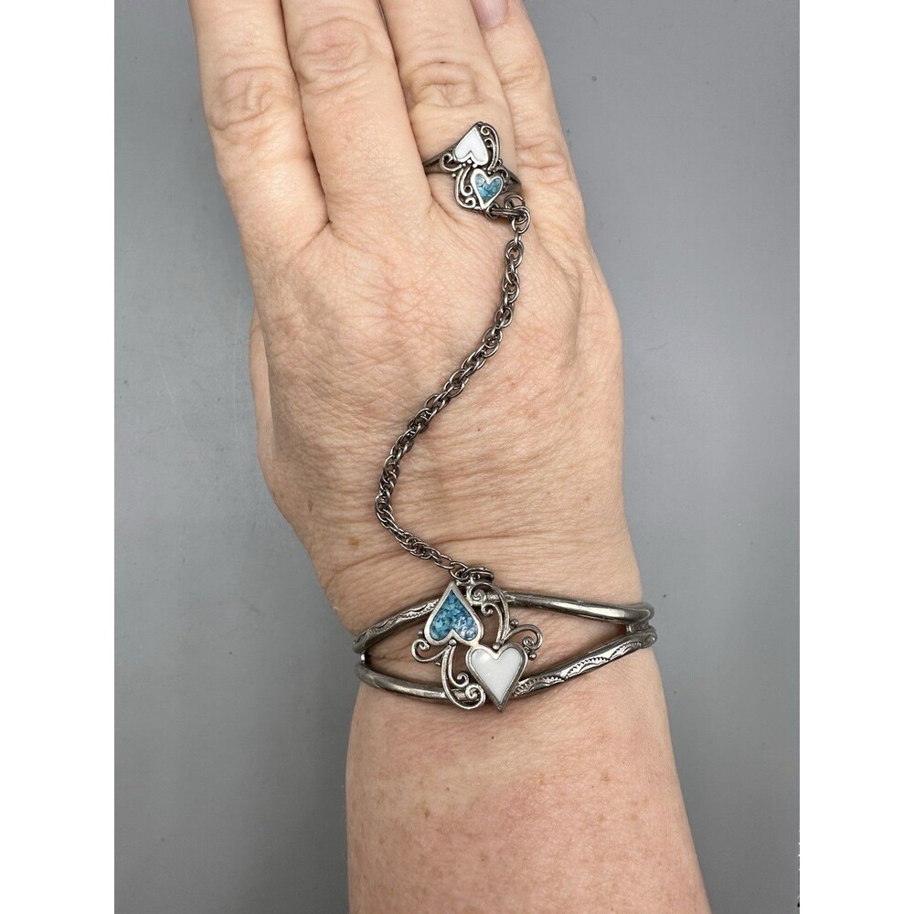 Vintage Crushed Turquoise Heart Slave Bracelet & Ring Attached